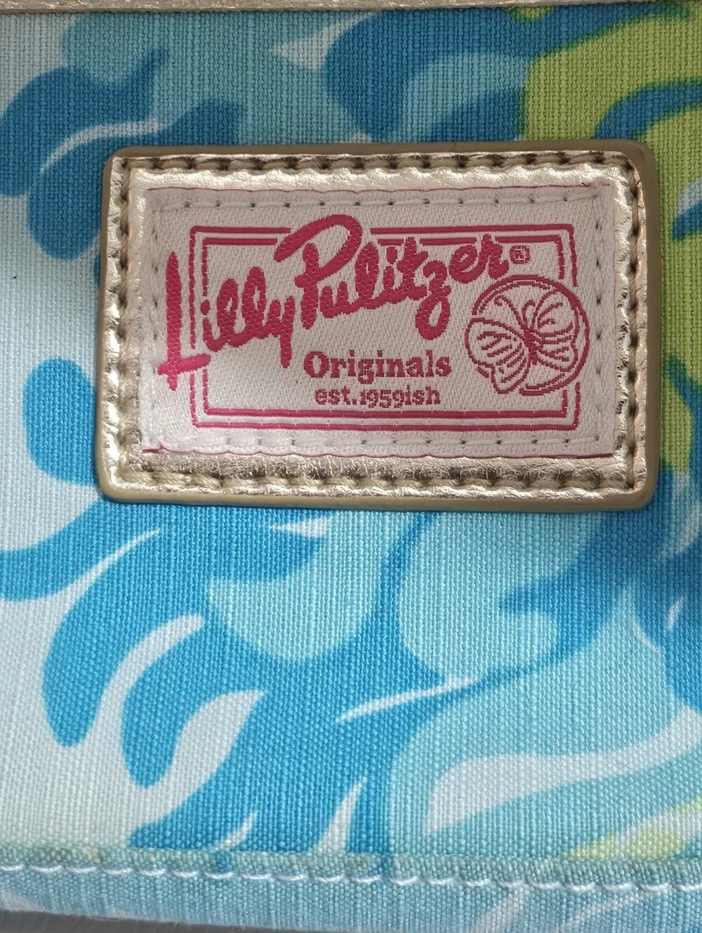 Lilly Pulitzer Originals Cosmetic Makeup Bag Blue Green Floral Gold Trim